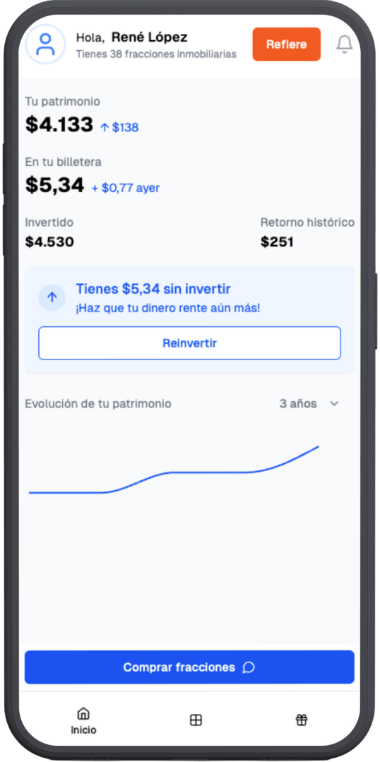 App Interface Dashboard mostrando inversiones y balance